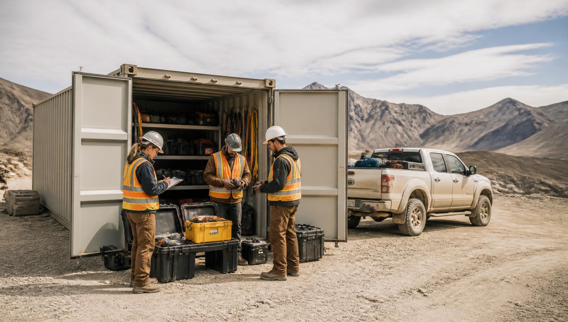 Remote jobsite with a shipping container job box and crew taking inventory