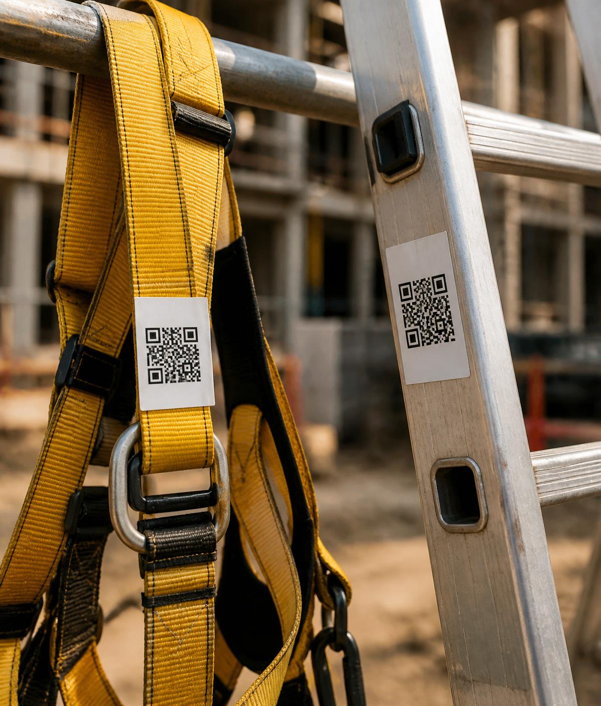 Yellow safety harness and aluminum ladder tagged with DropShield QR labels on a construction site