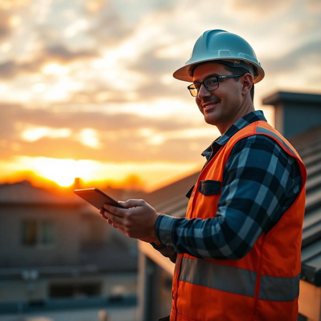 Roofer with tablet at sunset after completing a project, ready to send a mobile invoice
