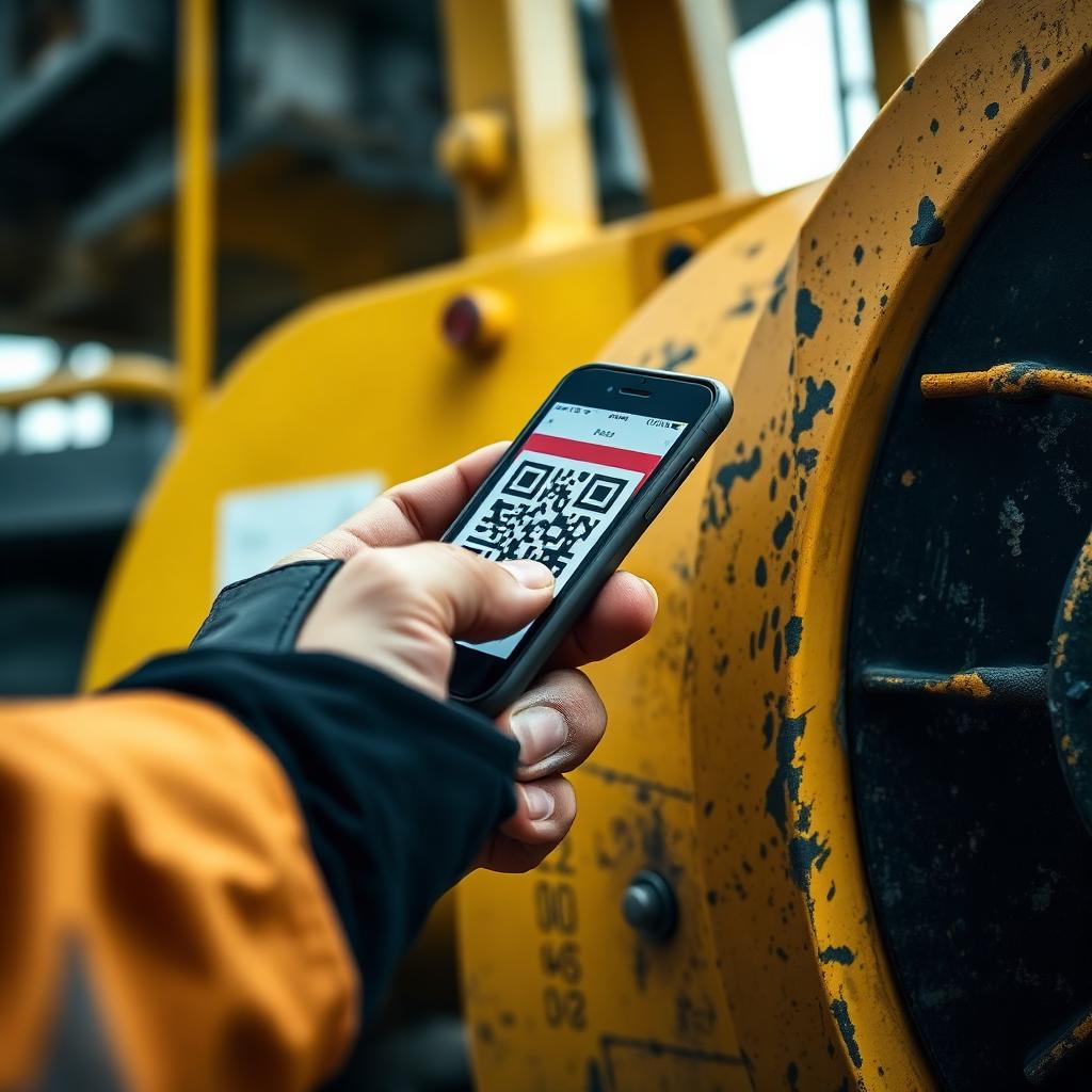 Worker scanning a QR code on yellow heavy equipment with a smartphone