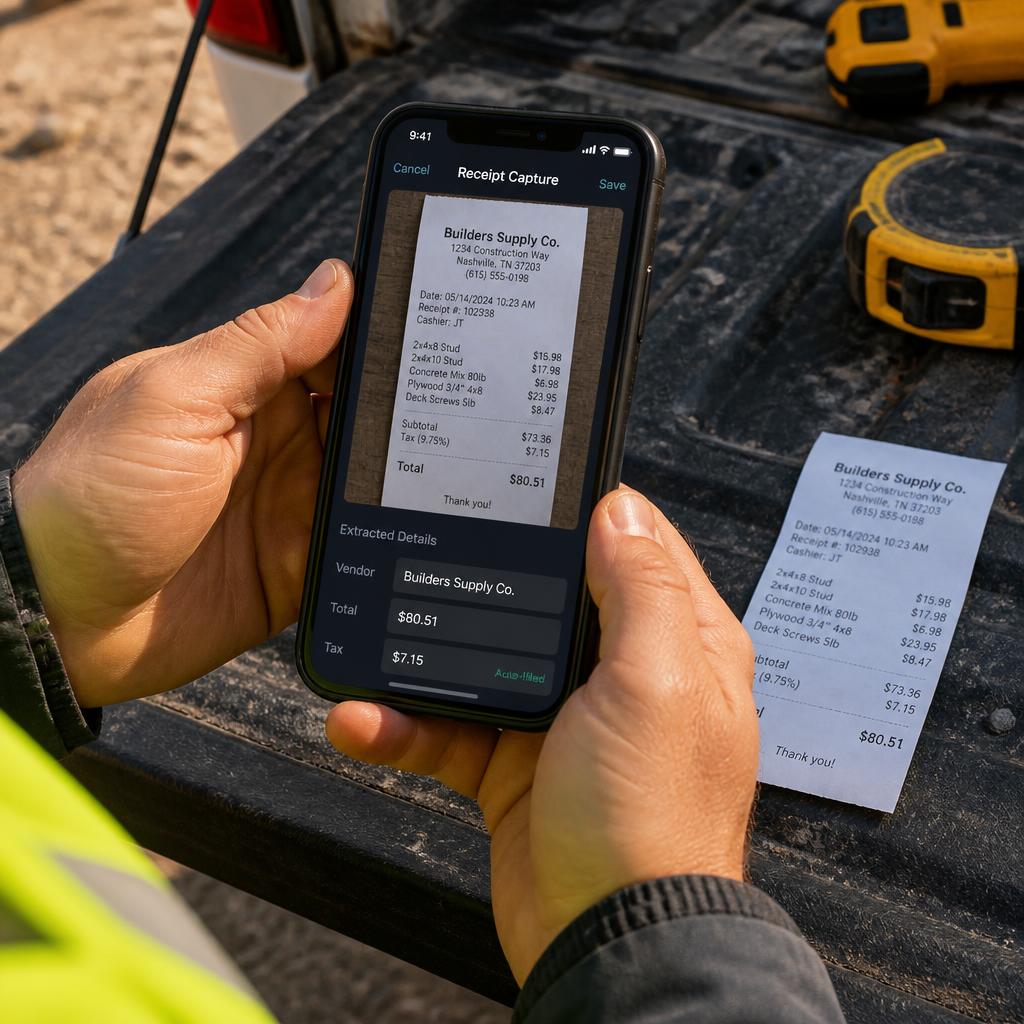Construction worker's hands photographing a paper receipt with a smartphone, receipt-capture app on screen with vendor, total, and tax auto-filled