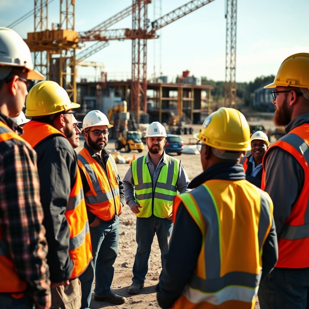 Construction crew huddled on jobsite listening to a foreman deliver a toolbox talk