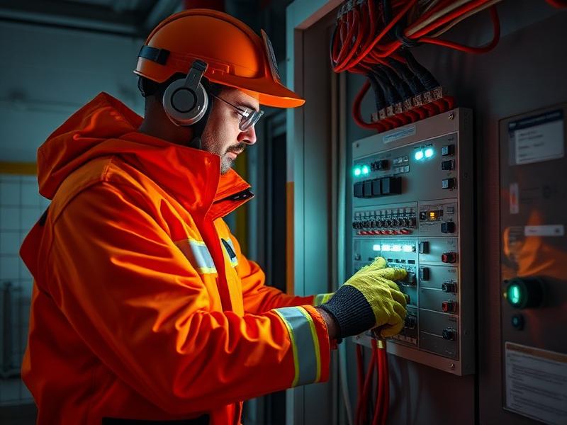 Electrician in arc-flash PPE working on an industrial electrical panel