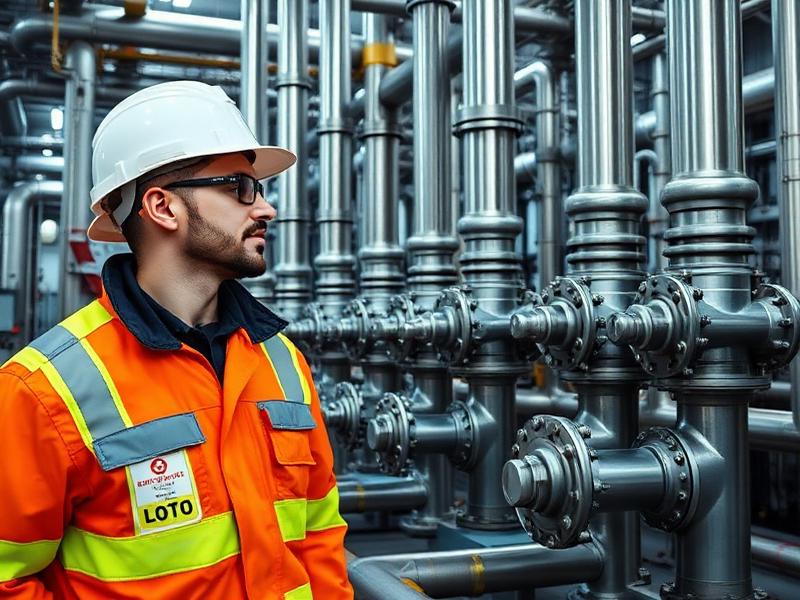 Industrial worker in hi-vis PPE with LOTO tags near stainless piping