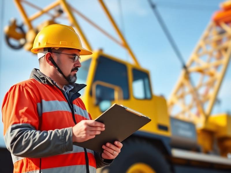 Third-party inspector with clipboard inspecting a yellow crane