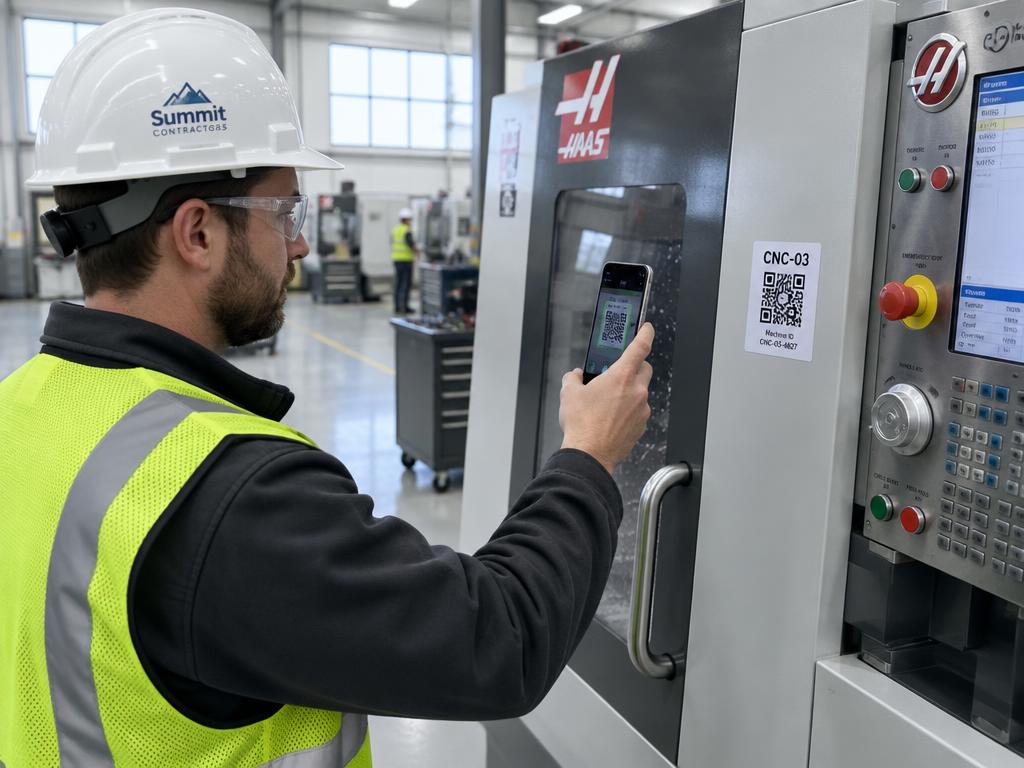 Machine operator in hard hat and hi-vis vest scanning a QR code on a CNC machine