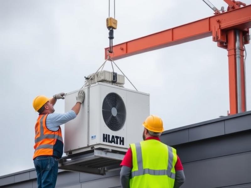 Mechanical crew rigging a rooftop HVAC unit with a crane