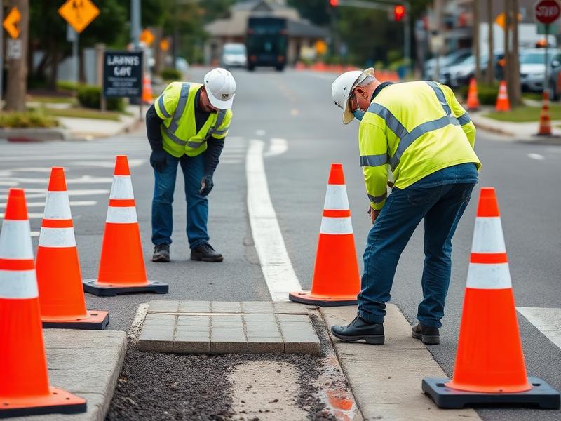 Municipal public works crew repairing a road with cones and hi-vis vests