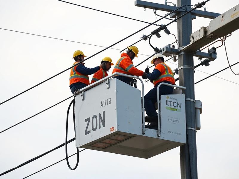 Utility line workers in a bucket truck servicing overhead power lines